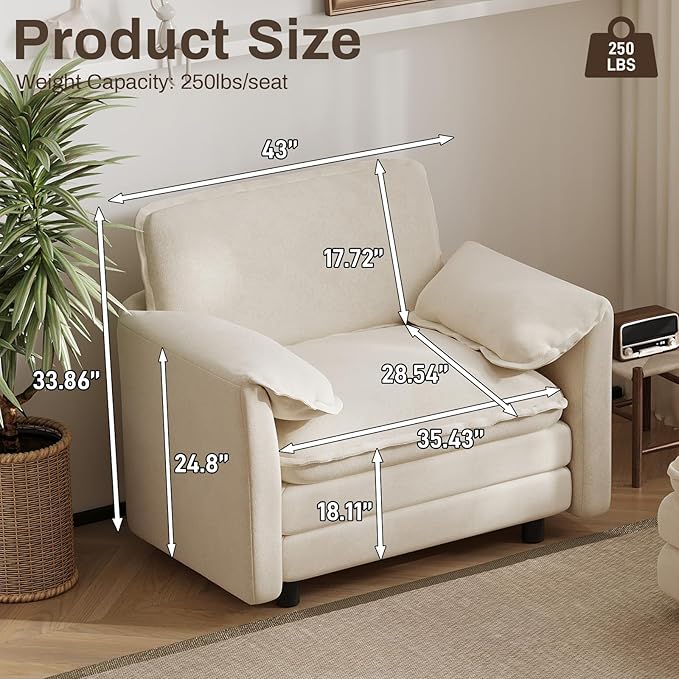 43 Oversized Chenille Single Sofa Chair Deep Seat Chaise Lounge Chair Upholstered Armchair Modern Accent Chairs for Living Room Bedroom Office Apartment Beige