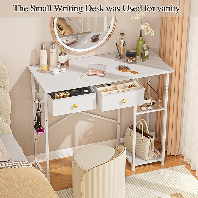 White Computer Desk 36 Inch Small Desk with Drawers Home Office Desk with Storage Shelves for Bedroom Living Room Dorm Vanity Desk for Small Spaces White