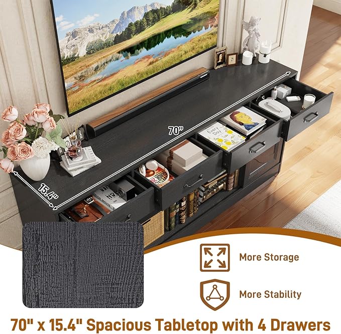 St.Mandyu 70 Large Farmhouse TV Stand for 85/80/75/70 Inch TVs w/4 DrawersRustic Tall Media Console w/Sliding Barn Door Adjustable ShelvesTall Entertainment Center for Living RoomBlack