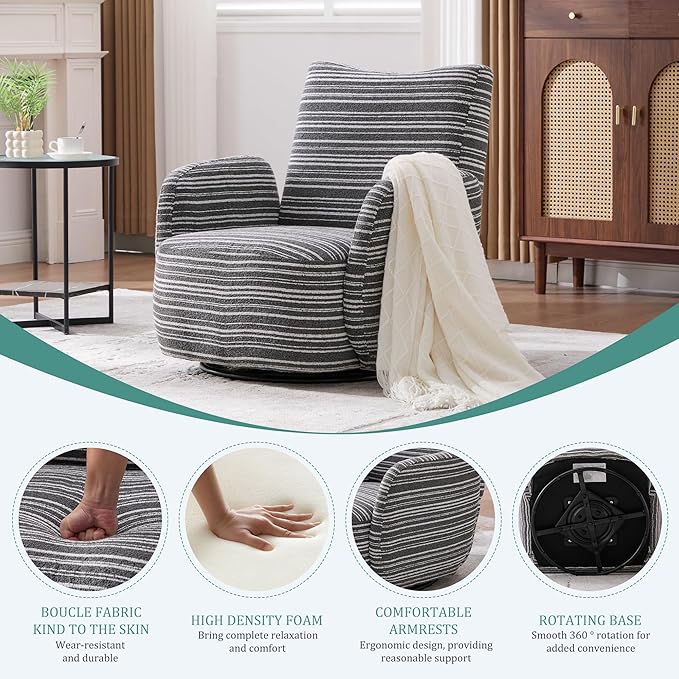 Modern Boucle Upholstered Accent Swivel Barrel ChairLeisure Club Lounge Chair with Sand-Rimmed Fabric and Metal Bracket for Living Room Bedroom Home Office (Dark Gray Boucle)