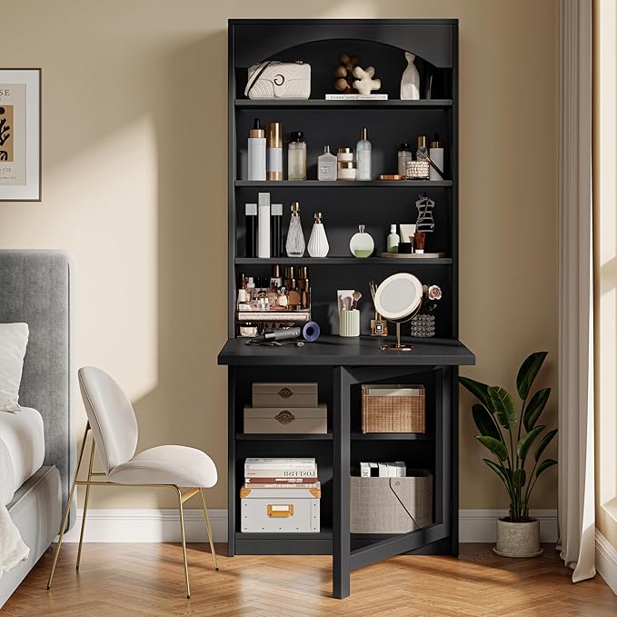 Folding Desk with Storage Space-Saving Foldable Convertible Writing Table Wall Mount Fold Out Computer Desk for Home Office Craft Room Living Room Bedroom Black