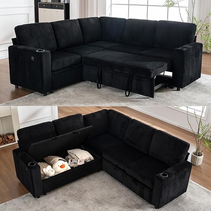 83 Modular Sectional Sleeper Sofa with Pull Out Bed Plush Corduroy L-Shaped Corner Couch with Storage USB Charger Cup Holders 5-Seater Sectional Couches for Living Room Apartment Black