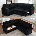 83 Modular Sectional Sleeper Sofa with Pull Out Bed Plush Corduroy L-Shaped Corner Couch with Storage USB Charger Cup Holders 5-Seater Sectional Couches for Living Room Apartment Black