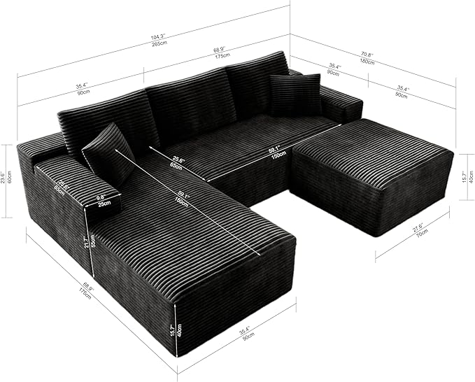3-Piece Boneless Modular Sectional Sofa Cloud Couch Right Facing Chaise with Ottoman Oversized Deep Seat Soft Corduroy Fabric Sectional Couch for Living Room-Black