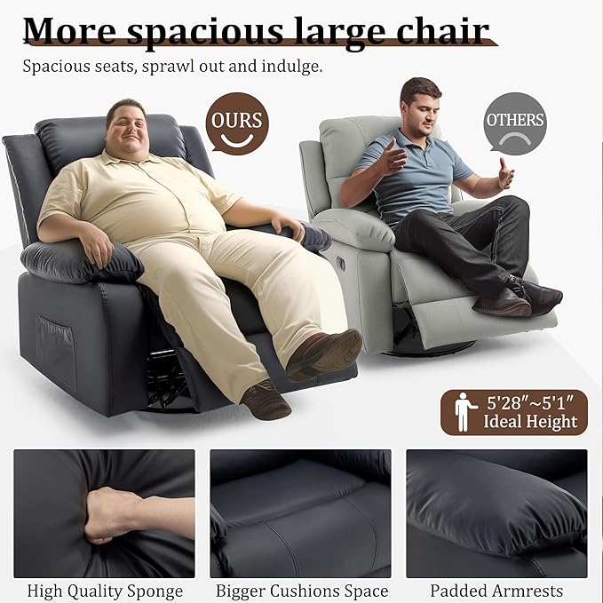 Recliner Chair Wide Rocker Chair Pet-Friendly Design Large Rocking Chair with Massage and Heat360°Swivel Nursery Rocking Chair Oversized Recliner for Adults Black Reclining Sofa for Living Room