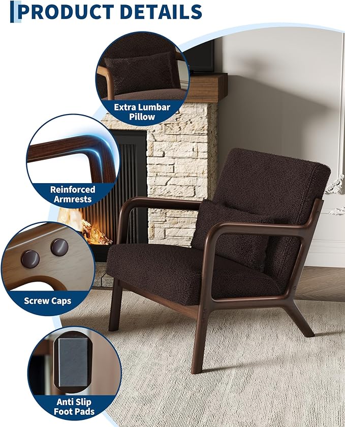 Garvee Mid-Century Modern Accent Chair Sherpa Upholstery Solid Wood Armchair with Removable Lumbar Pillow Sturdy Reading Chair for Living Room Bedroom Guest Room Easy Assembly Brown