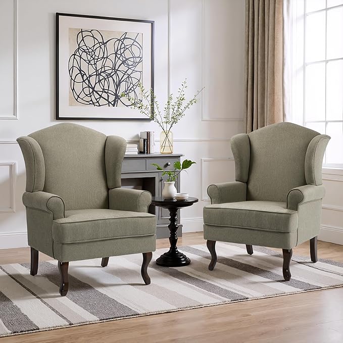 Pia Ricco High Back Floral Accent Chair Upholstered Fabric Armchair with Solid Wood Legs - Retro Living Room Reading Chair Comfortable Single Sofa Seat-Moss Grey