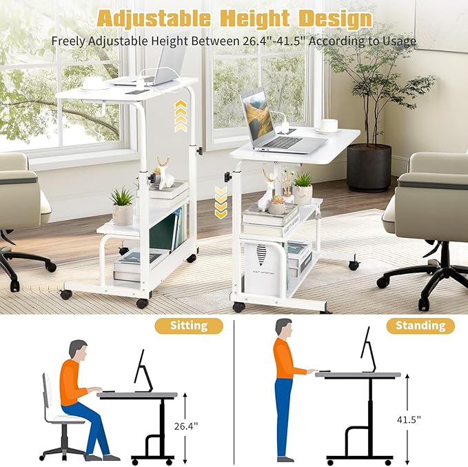 Wooden Adjustable Height Portable Laptop DeskMobile Rolling Computer DeskSofa Bedside Laptop TableHome Office Laptop Workstationwith Power Outletsfor Small Spaces Bedroom Apartment (White)
