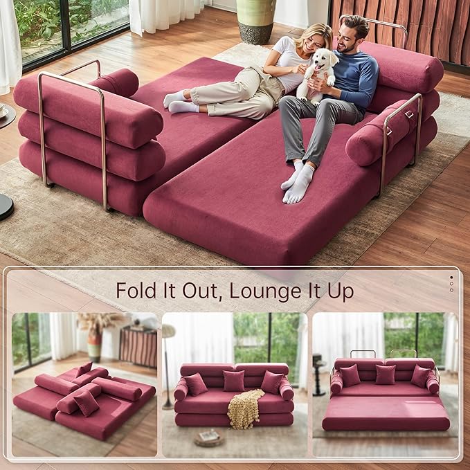 YINIX Convertible Sleeper Sofa - 35'' High-Back Floor Couch Bed - Folding Sofa Bed with Rounded Arm Supports - Floor Sofa Lounge Sofa Bed for Living Room Bedroom - Wine Red