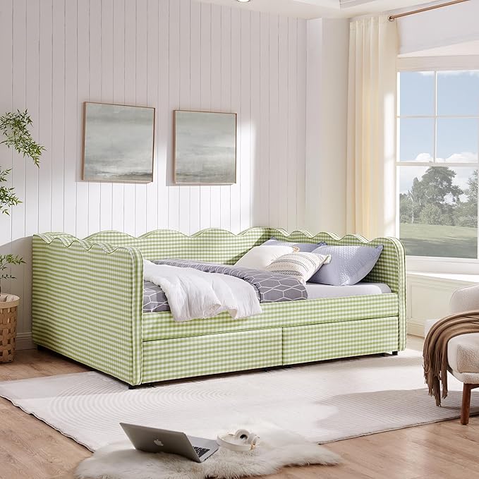 Cozy Gingham Daybed with 2 Drawers Queen Size Sofa Bed No Box Spring Needed with USB Port and Adorable Wave Shaped Linen Fabric Navy (Green+Queen+2 Drawers)