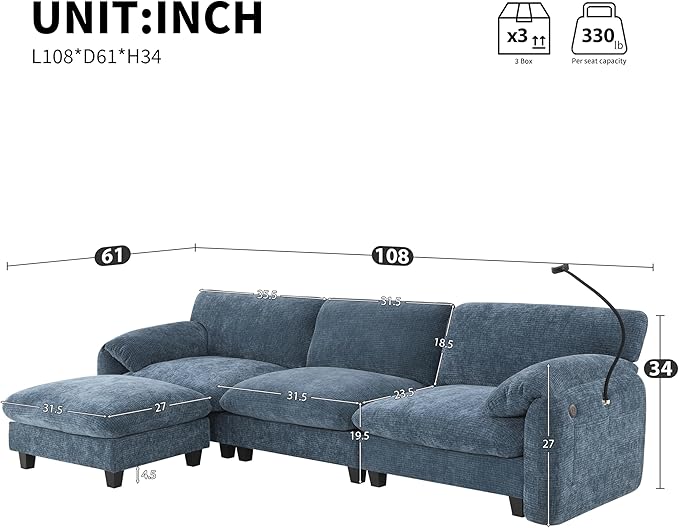 108 Modular Sectional Sofa L-Shape Upholstered Couch with Free Movement Ottoman Phone Holder and 2 Side Storage Pockets 31.5 Extra-Wide Seat Cushion Striped Chenille (Blue Gray/511)