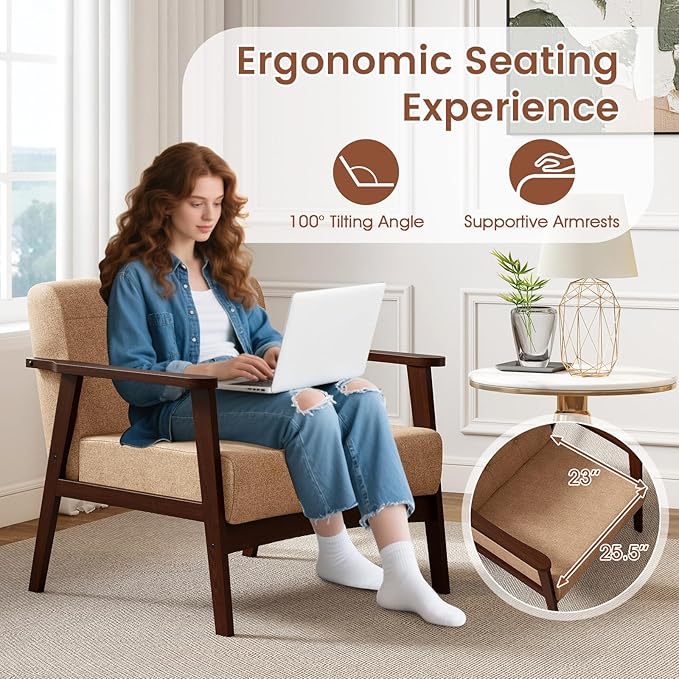 Giantex Mid-Century Modern Accent Chair Oversized Armchair with Rubber Wood Frame Armrest Wide Backrest100° Ergonomic Leisure Chair for Living Room Bedroom Office (1 Beige)