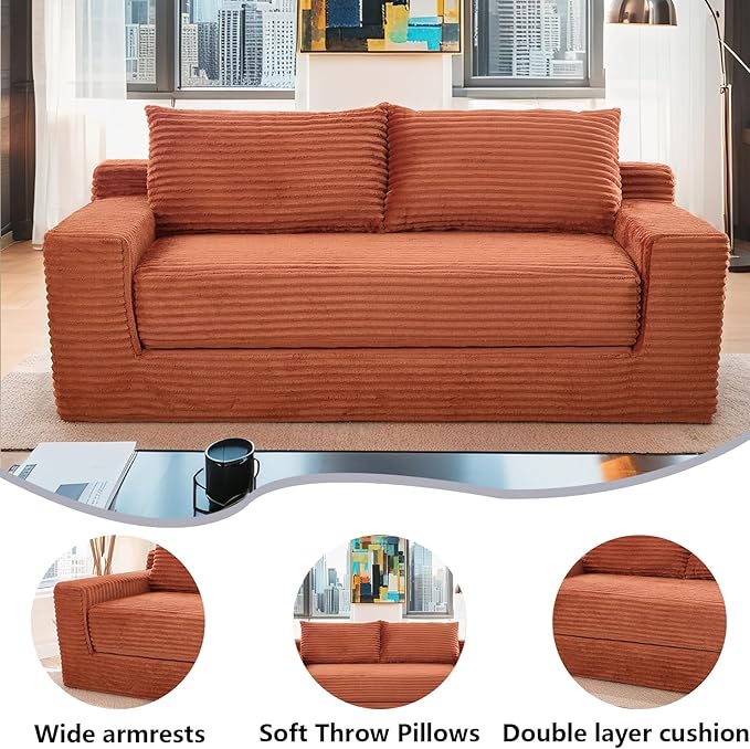 Boneless Couch 2 in 1 Convertible71 Corduroy Cloud Loveseat SofaMemory Foam Couch in a BoxNo Assembly Small Sofa for Living RoomApartments Home OfficeBedroom-Orange