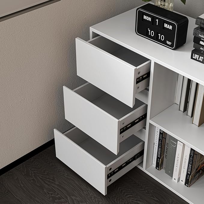 L Shape Computer Desk with 3 Drawers and 2 Shelves Home Office Desk Corner Small Desk with Storage Cabinet for Writing Study Executive – White