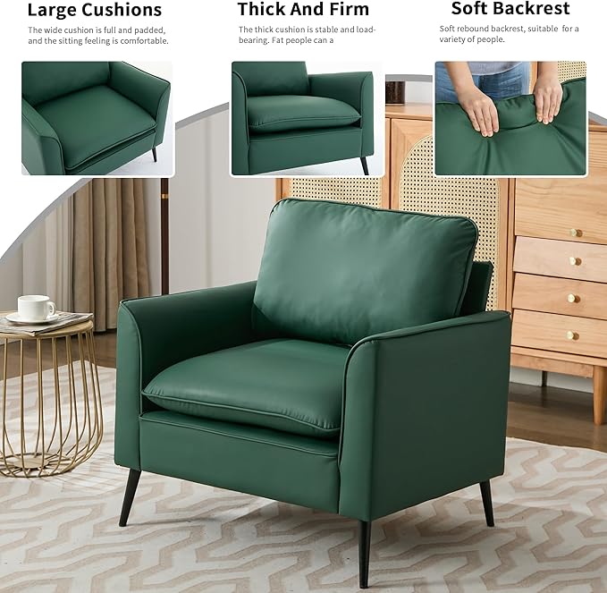 YITAI Modern Accent Living Room ChairsFaux Leather Oversized Single Sofa Chair with Metal Legs Mid Century Comfy Armchair for Bedroom/Office Reading/Lounge/Office/Reception1PCGreen