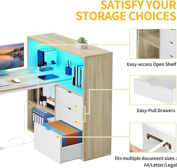 DWVO L Shaped Desk with Drawers 55 Corner Computer Desk with Bookshelf &amp Power Outlets &amp LED Lights Home Office Desk with Storage Shelves Oak &amp White