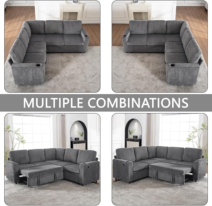 83 Modular Sectional Sleeper Sofa with Pull Out Bed Plush Corduroy L-Shaped Corner Couch with Storage USB Charger Cup Holders 5-Seater Sectional Couches for Living Room Apartment Grey