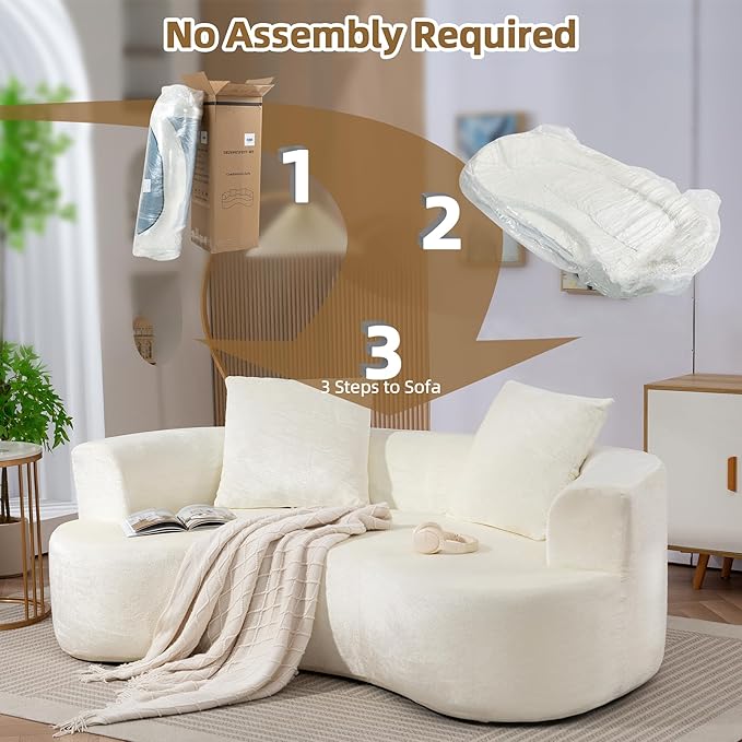80 Boneless Loveseat Curved Cloud Sofa Couch Memory Foam Couch in a Box with 2 Pillows U-Sheaped Sofa for Living Room Bedroom Comfy Compressed Sofa No Assembly Required (White)