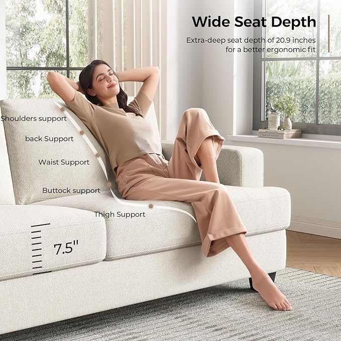 84 Inch Sofa with Extra Deep Seats Oversize Linen Fabric 2 Seater Sofa for Living RoomModern Couch and Loveseat Comfy Armrests and Seats and Backrests Easy Installation Ivory