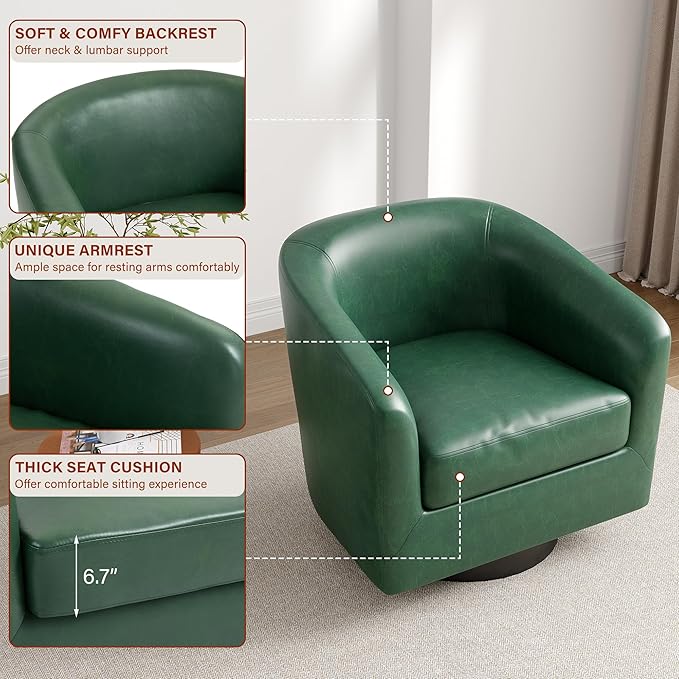 Lumibee Faux Leather Swivel Barrel Chairs Set of 2 Upholstered Comfy Round Swivel Accent Chair 360° Rotation Single Sofa Club Armchair for Living Room Reading Room Bedroom Green