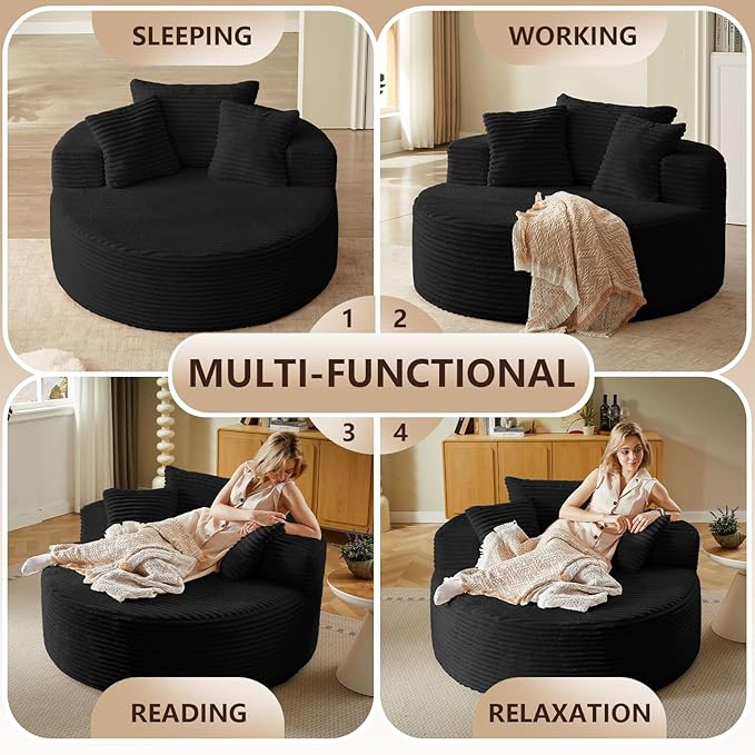 55''Oversized Round Chair Lounge Chaise IndoorCloud Boneless Large Circle Chair with Plush CorduroyNo Assembly RequiredFluffy Modern Sleeper Sofa Bed for ReadingLiving Room(blackFabric Upgrade)