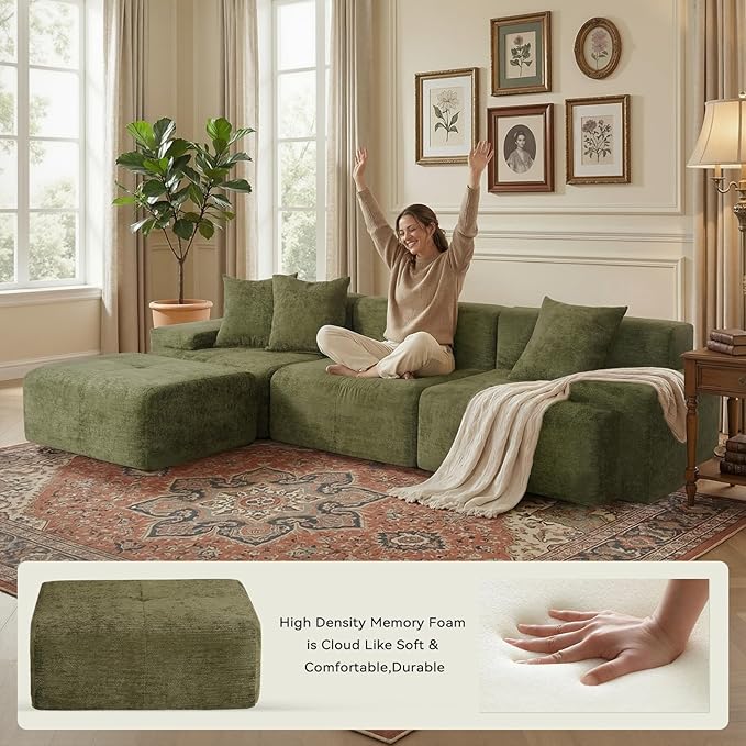 117 Modular Sectional Sofa Couch Chenille Upholstered Boneless Couch Oversized L-Shaped Cloud Sectional Couch with Ottoman &amp Deep Seating No Assembly Green