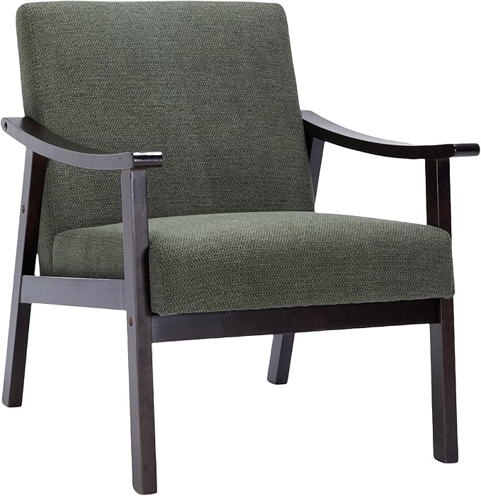 Mid-Century Accent Chair Upholstered Fabric Living Room Chair with Solid Wood Frame Modern Small Side Arm Chairs Comfy Wingback Reading Chair for Bedroom Office (Antique Green)