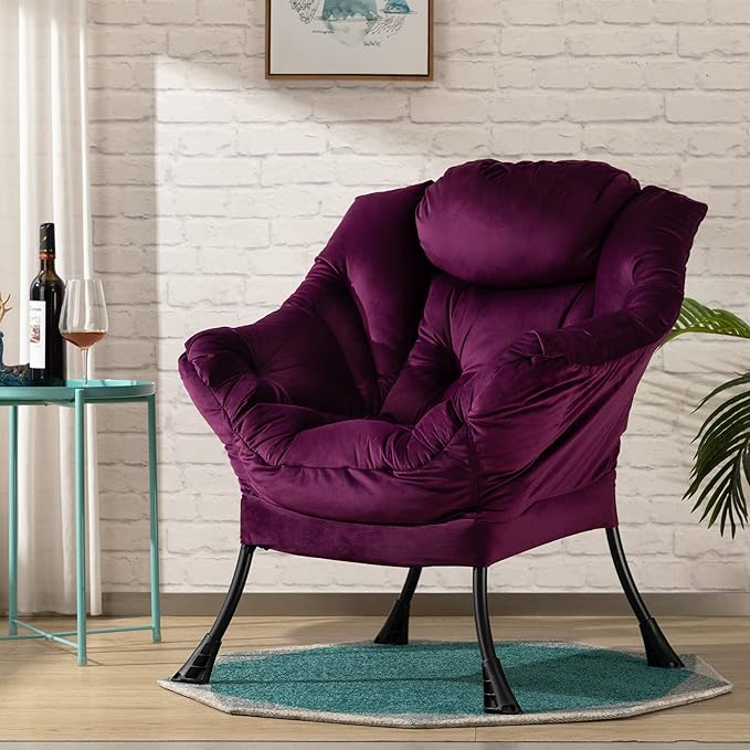 HollyHOME Lazy Chair with Armrest and Side Pocket Comfy Accent Lounge ChairLeisure Sofa Armchair for Living Room Bedroom Dorm or Small Spaces Oversized Reading Sofa ChairVelvet Deep Purple