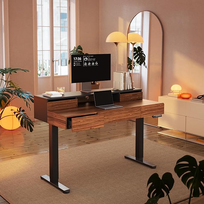 HUANUO Standing Desk with Drawers 48 Inches Electric Height Adjustable Desk with Storage Whole-Piece Board Sit Stand Up Desk with Monitor Shelf Black Walnut