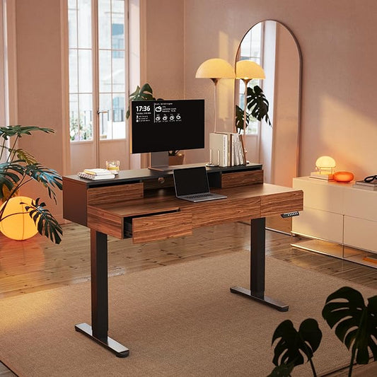 HUANUO Standing Desk with Drawers 48 Inches Electric Height Adjustable Desk with Storage Whole-Piece Board Sit Stand Up Desk with Monitor Shelf Black Walnut