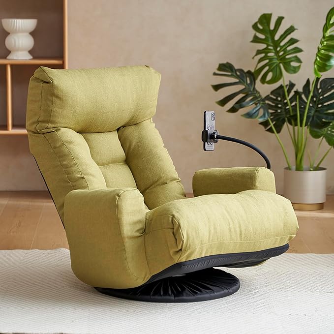 Gwen Upholstered 360° Swivel Chair Lounge Chair with Adjustable Backrest/Headrest Metal Frame Living Room Lounge Sofa and Phone Holder Comfy Bean Bag Chair Green