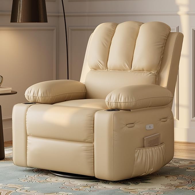 22 Wide Electric Recliner Chair for Adults Swivel Rocking Recliner with Massage &amp Heat PU Leather Lounge Chair with Remote and Cup Holders for Living Room Nursery Bedroom Beige