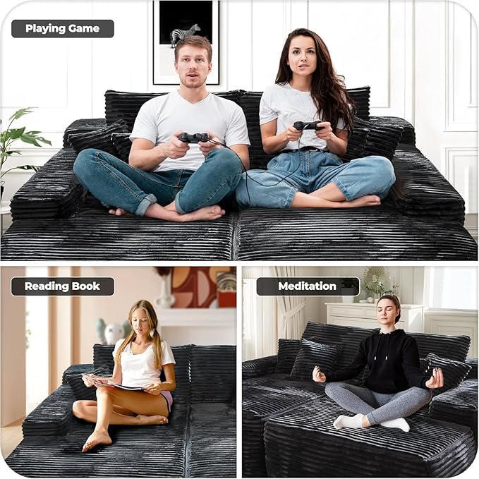 Oversized Chaise Lounge Sofa Indoor - Luxury 80 Cloud Sectional Couch Sofa Bed Deep Seat Plush Corduroy Lounge Chair Sleeper Sofa for Living Room Bedroom (Black2PCS)