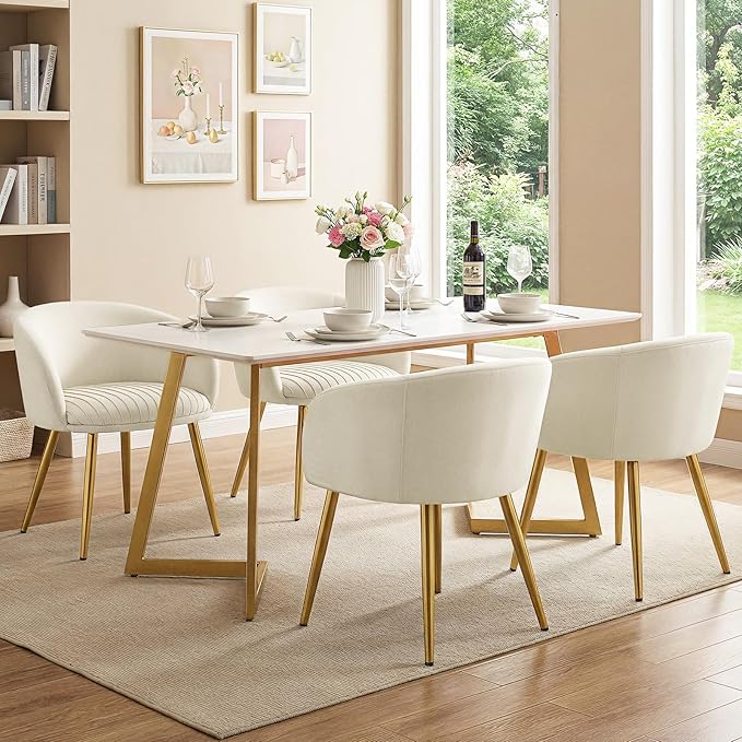 Accent Velvet Makeup Vanity Chair Boucle Modern Tufted Girls Desk Chair No Wheels with Gold Metal Legs 20 Extra Wide Cushion Armchair for Bedroom Bathroom Dining Room Living Room Cream Beige