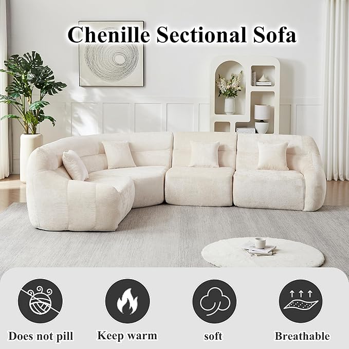 123 Oversized Boneless Chenille Curved Corner Sectional Sofa Modern Luxury 4 Pillows Modular Cloud 4-Seater Sofa High-Back Couch for Living Room (Beige)