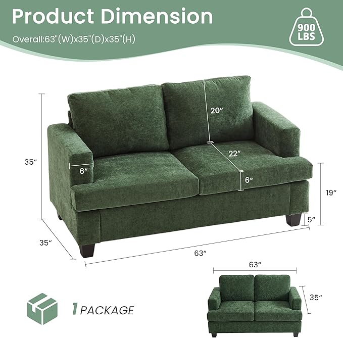 YOUDENOVA Sofa Couch 3 Piece Set Comfy Sofa 2 Loveseat &amp 3 Seater Sofa with Deep Seats for Living Room Modern Sleeper Couch Green Chenille