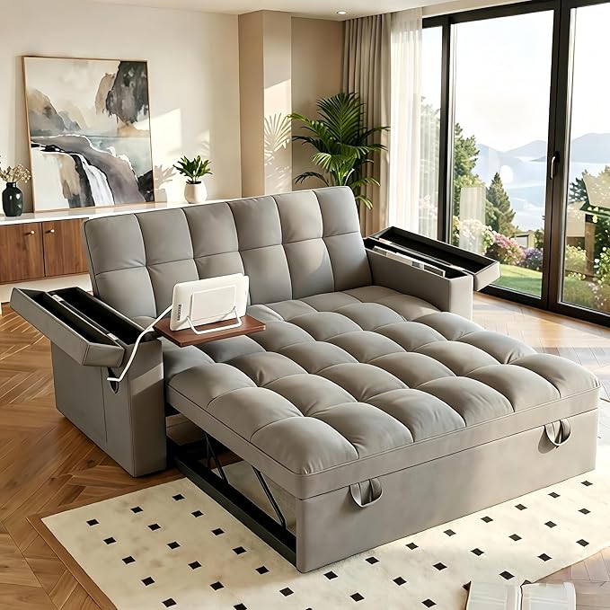 Convertible Sofa Bed 5-in-1 Pull Out Couch with Side Table Loveseat Sleeper Sofas Bed Couch with USB Port 65‘’ Velvet Pull Out Sofa Beds for Living Room Bedroom Apartment