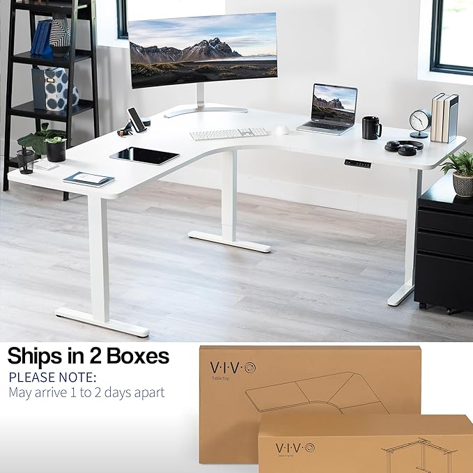 VIVO Electric Height Adjustable 71 x 71 inch Curved Corner Stand Up Desk White Table Top White Frame Memory Controller L-Shaped Workstation E3C Series DESK-KIT-E3CWW