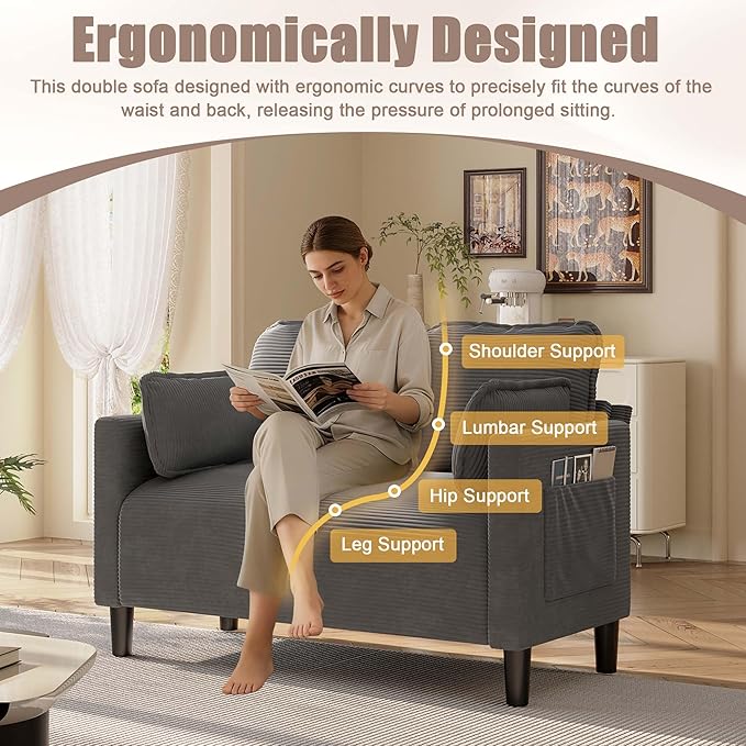 Beige Loveseats for Small Spaces 48 Inch Corduroy Couch with Side Pocket Modern 2 Seater Sofa Couch for Small Apartment Bedroom &amp Home Office High Rebound Sponge Easy Assembly (Grey 48”) | S