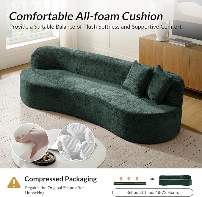 95 Modern Curved Compressed Sofa All-Foam 3-Seater Cloud Couch with 2 Pillows No Assembly Required Boneless Sofas for Living Room Olive