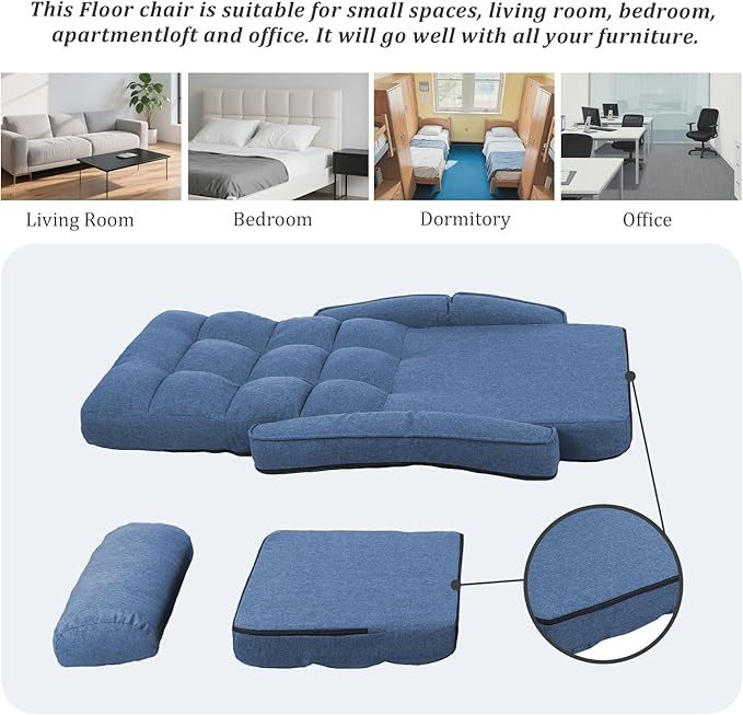 Adjustable Floor Chair for Adults with Back Suppor5-Position Folding Lazy Sofa with Pillow Gaming &amp Meditation Chair with Breathable Fabric - for Living Room Bedroom OfficeBalcony (Blue)