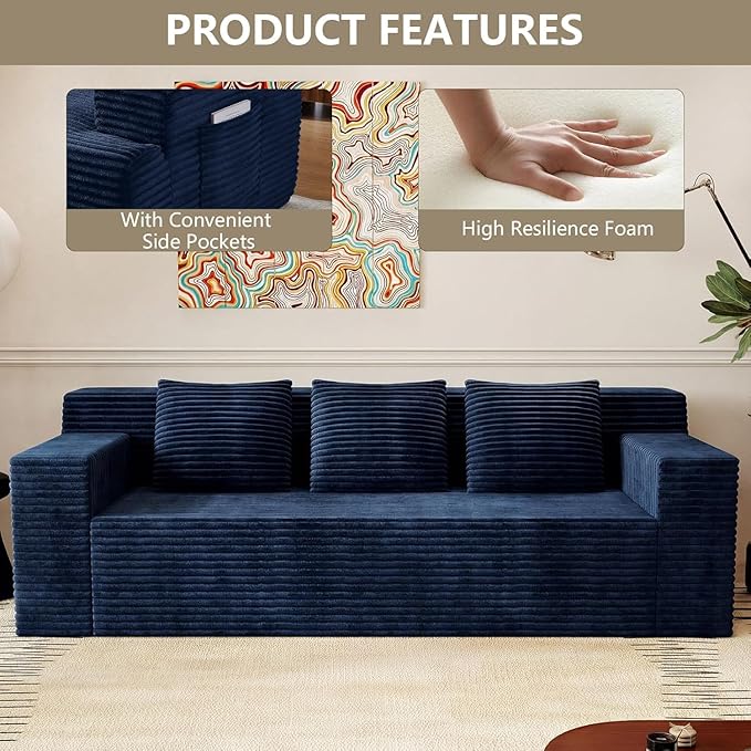 71 Cloud Boneless Loveseat Sofa Couch Bean Bag 3-Seater Couch with Memory Foam Corduroy Comfy Floor Sofa Deep Seat for Living Room Bedroom Apartment No Assembly (Blue)
