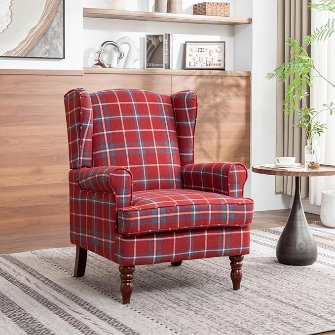 Modern Accent Chair with Retro Wood Legs Comfy Upholstered ArmchairTantan Check Design Single Sofa Chair for Living Room Bedroom Office - Red