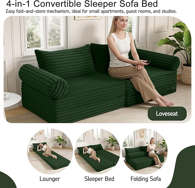 MeMoreCool Convertible Sofa Bed Folding Floor Couch Bed Queen Pull Out Sleeper Couch with Pillows Fold Out Futon Sofa for Bedroom Living Room Small Space Corduroy Green
