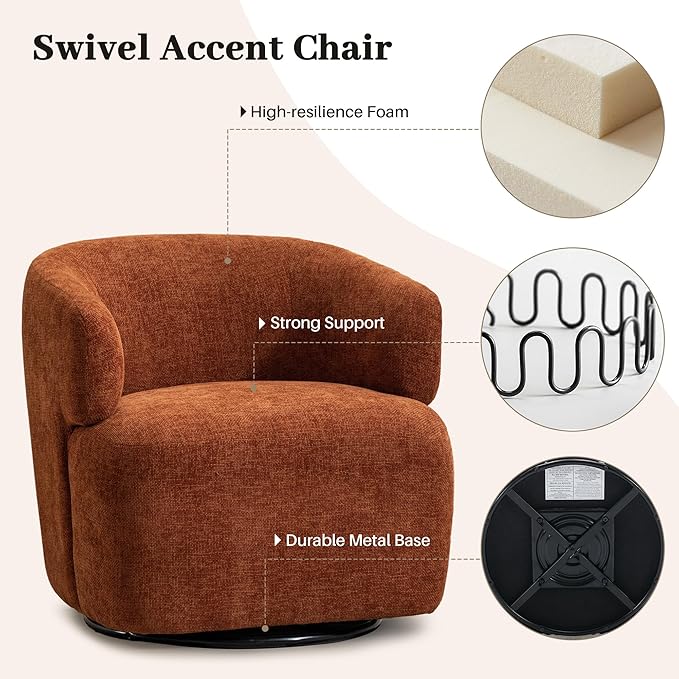 Swivel Accent Chair Upholstered Fabric Barrel Chair Chenille Round Boucle Armchair for Living Room Bedroom Orange