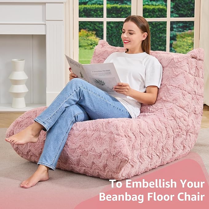 Bean Bag Chairs for Adults Giant Bean Bag Chair Memory Foam BeanBag Chair Bean Bag Sofa with Filler Faux Fur Fireside Beanbags Lazy Sofa for Living Room Bedroom Office (Pink Chevron Single)