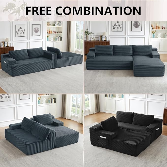 L-Shaped Boneless Couches for Living Room - 96 Cloud Modular Sectional Sofa Chaise Fluffy Comfy Couch with Deep Seat No Assembly RequiredDark Grey