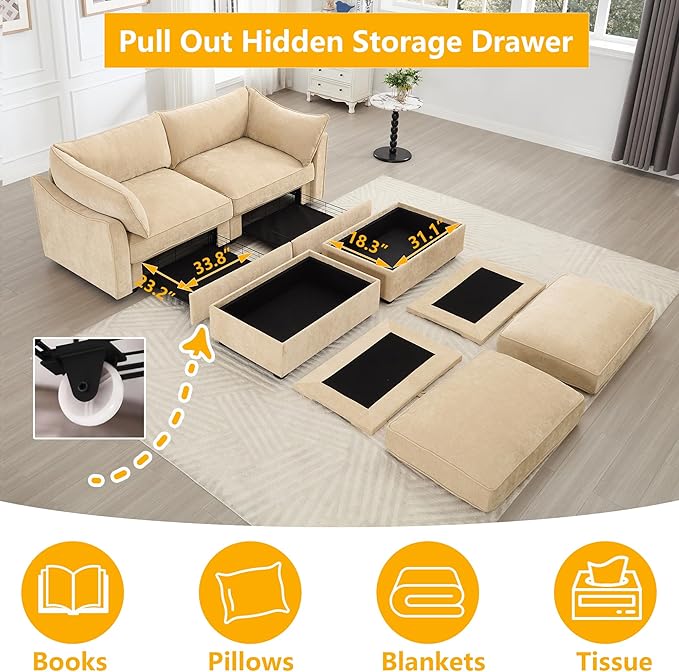 Aoowow Modular Sectional Sofa with Pullout Storage Seat 78.7” Chenille 2-Seat Sofa Couch Upholstered Love Seat Couches with 2 Storage Ottomans for Living Room Apartment OfficeWheat