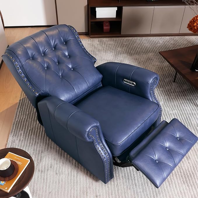 EONIX Dual Motor Lay Flat Power Recliner Chair Mid Century Wingback Recliner with Independent Adjustable Backrest and Extended Footrest 400lbs Heavy Duty Breathable Faux Leather Navy Blue