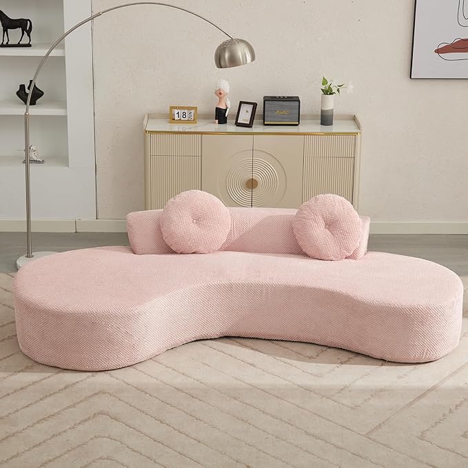 KEIKI 106 Curved Oversized Corduroy Modular Sofa with 2 Pillows and 2 Back Cushion Modern Minimalist Style Comfy 3-Seater Couch No Assembly Required for Apartment Living Room Bedroom Pink